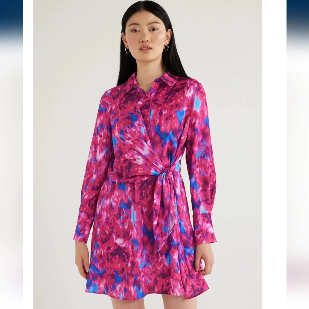 Scoop Long Sleeve Button Front Side Tie Short Dress, L (12-14) Pink multi - Picture 1 of 6